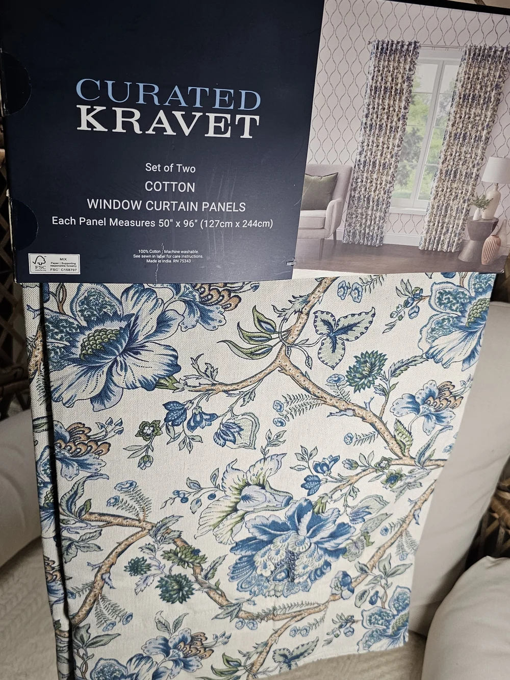 NWT Curated Kravet 2 pc Window Curtains Jacobean Floral Blue Cotton 50” x 96”